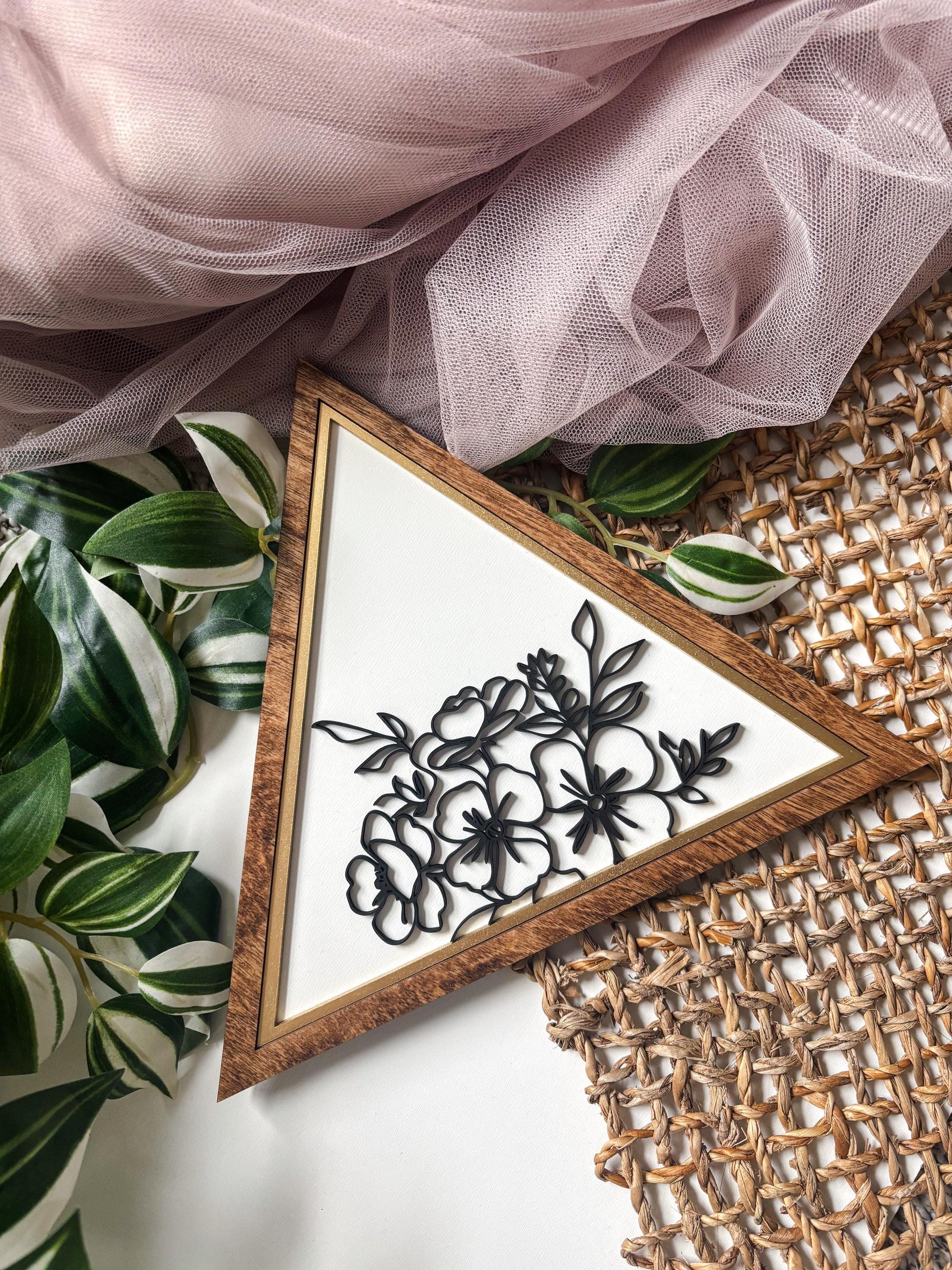 Triangle Floral Wall Art, Geometric Wood Flower Wall Decor, Botanical Line Art Sign, Modern Minimalistic Wall Decor, Floral Home Decor