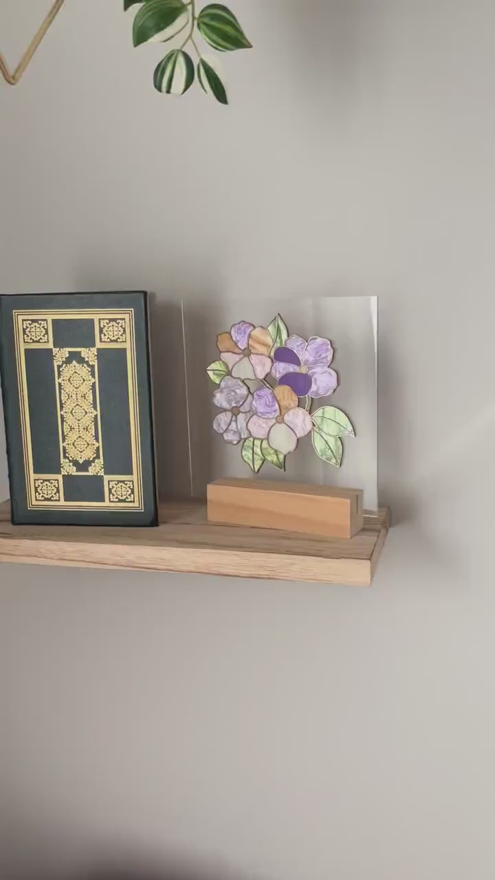 Pastel Floral Acrylic Desk Decor, Stained Glass Style Flower Art, Botanical Bookshelf Decor with Stand, Cottagecore Gift for Flower Lovers