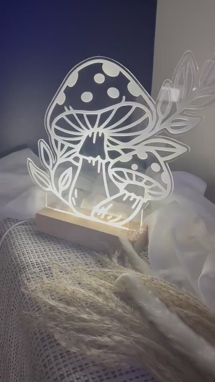 Boho Mushroom Floral Acrylic Led Lamp, 3D Night Light Plant Lover, Modern Led Lights, Modern Boho, Minimalist, Laser Cut Decor