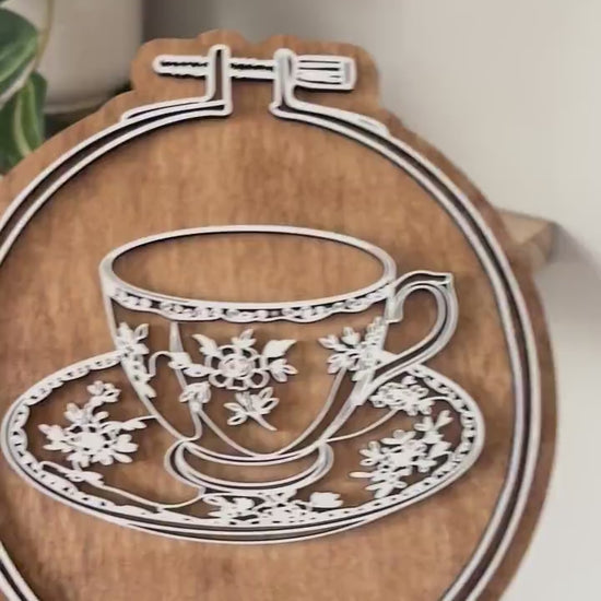 Floral Teacup Embroidery Hoop Wall Decor, Layered Laser Cut Wood Tea Lover Gift, Cottagecore Kitchen Decor, Vintage Tea Cup Wall Art