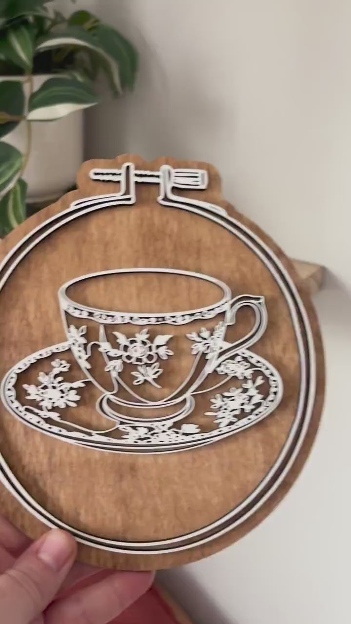 Floral Teacup Embroidery Hoop Wall Decor, Layered Laser Cut Wood Tea Lover Gift, Cottagecore Kitchen Decor, Vintage Tea Cup Wall Art