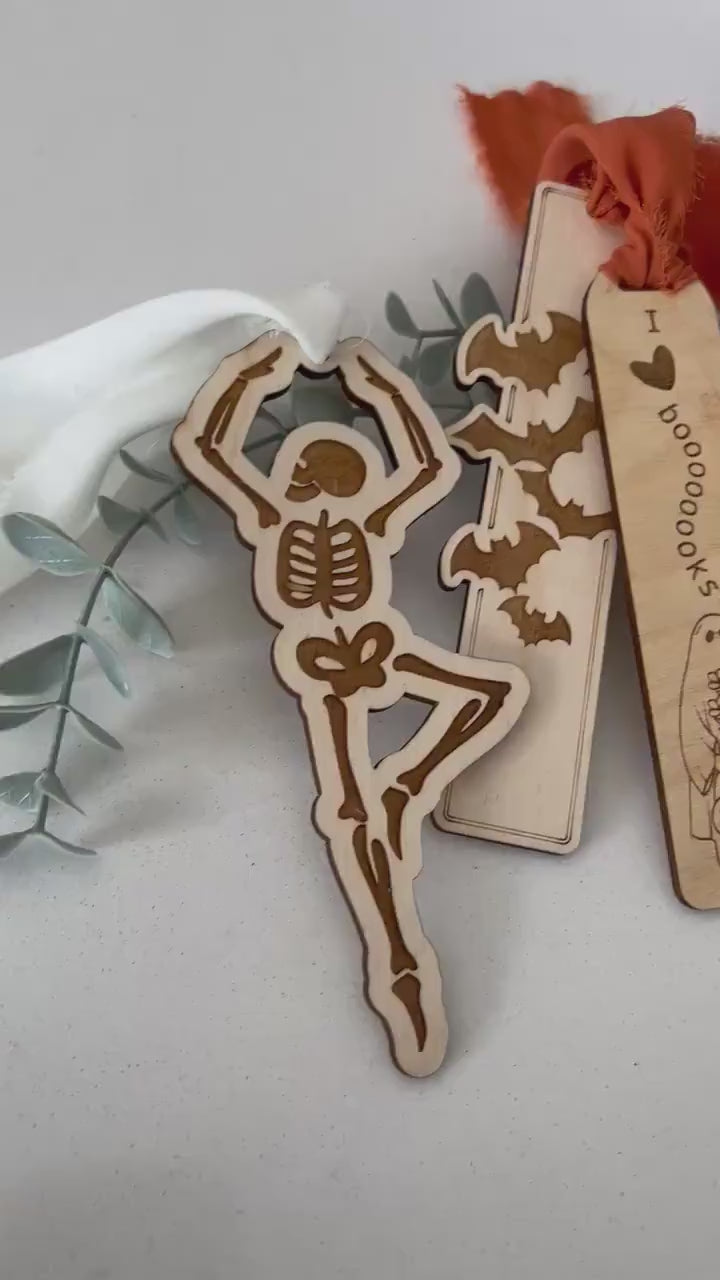 Spooky Dancing Skeleton Bookmark, Funny Bookmark Gift, Laser Engraved Wood Bookmark, Cute Halloween, Spooky Season, Floral Ghost Gift