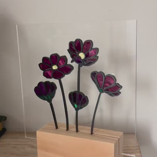Floral Acrylic Shelf Decor, Purple Stained Glass Style Flower Art, Botanical Desk Decor with Stand, Cottagecore Gift for Flower Lovers