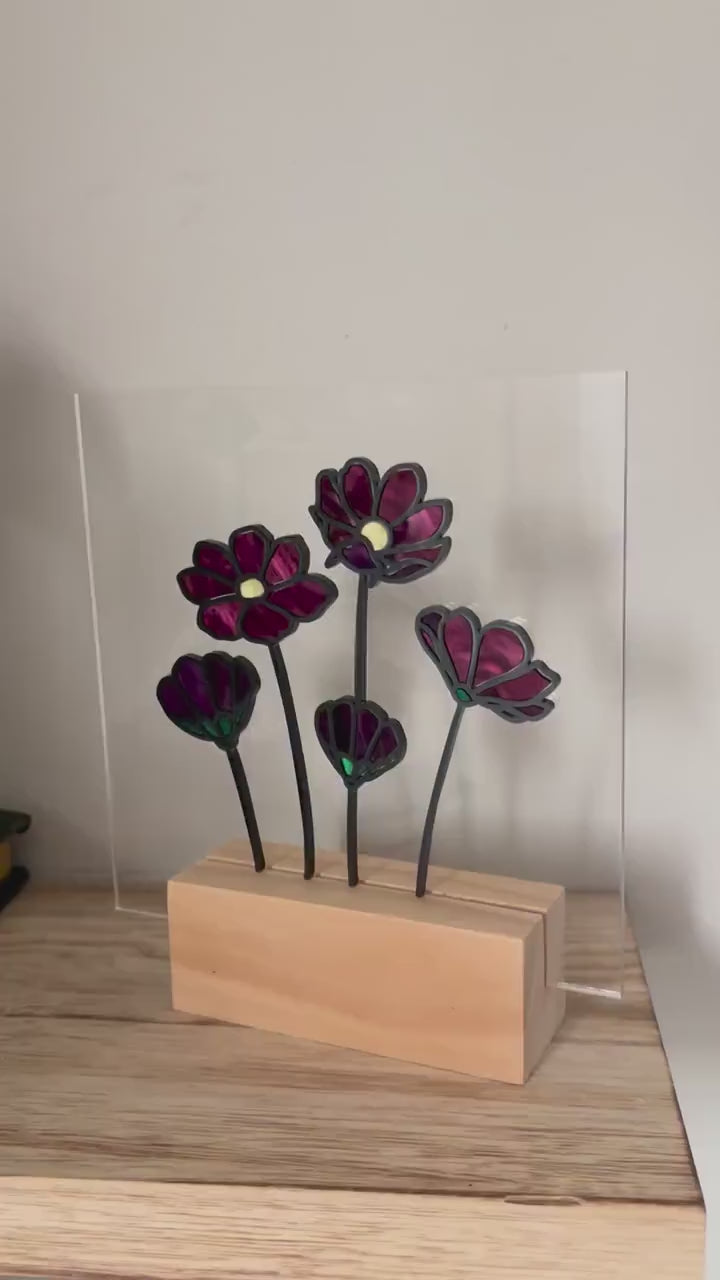 Floral Acrylic Shelf Decor, Purple Stained Glass Style Flower Art, Botanical Desk Decor with Stand, Cottagecore Gift for Flower Lovers