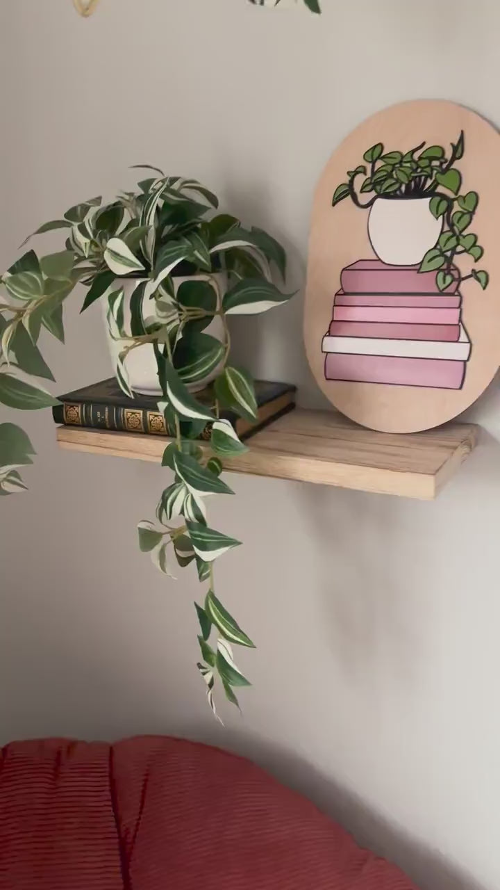 Book Stack Wall Art with Plant, Book Lover Gift, Reader Decor, Literary Wall Art, Bookish Decor, Plant Lover Gift, Cozy Home Decor