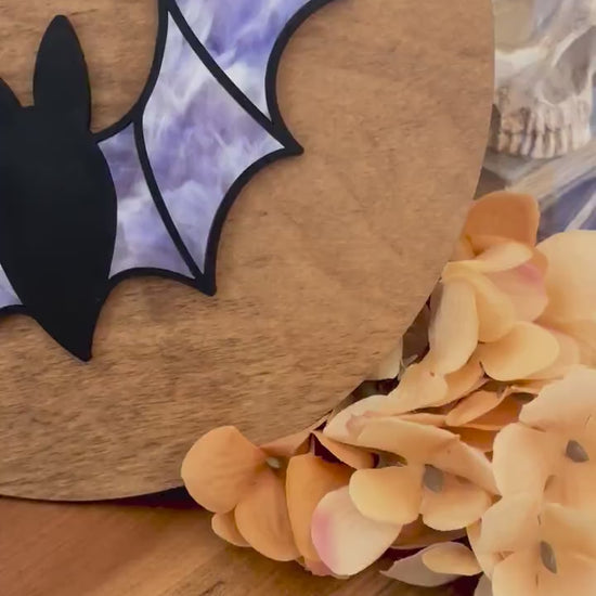 Halloween Purple Bat Sign, Faux Stained Glass Bat Decor, Acrylic Day of the Dead Home Decor, Fall Decor, Halloween Sign, Fall Wood Sign