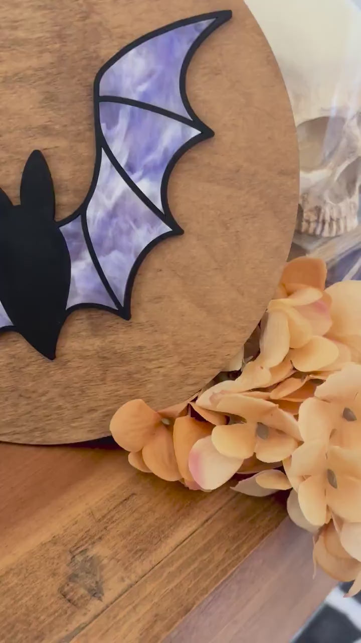 Halloween Purple Bat Sign, Faux Stained Glass Bat Decor, Acrylic Day of the Dead Home Decor, Fall Decor, Halloween Sign, Fall Wood Sign