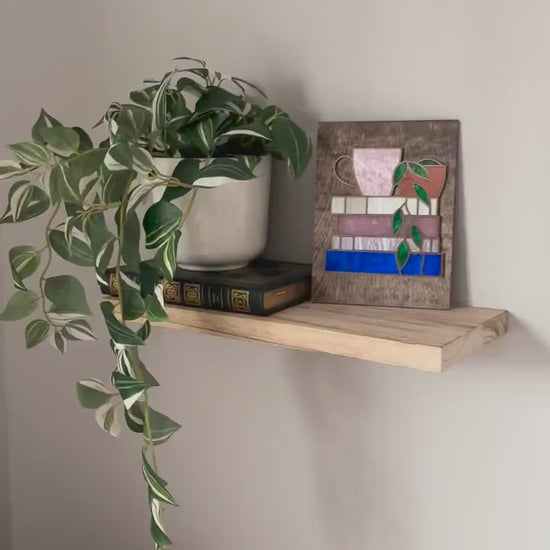 Book Stack Wall Art with Coffee & Plant, Faux Stained Glass Coffee Decor, Book Lover Gift, Reading Nook Wall Art, Cozy Coffee Lover Art