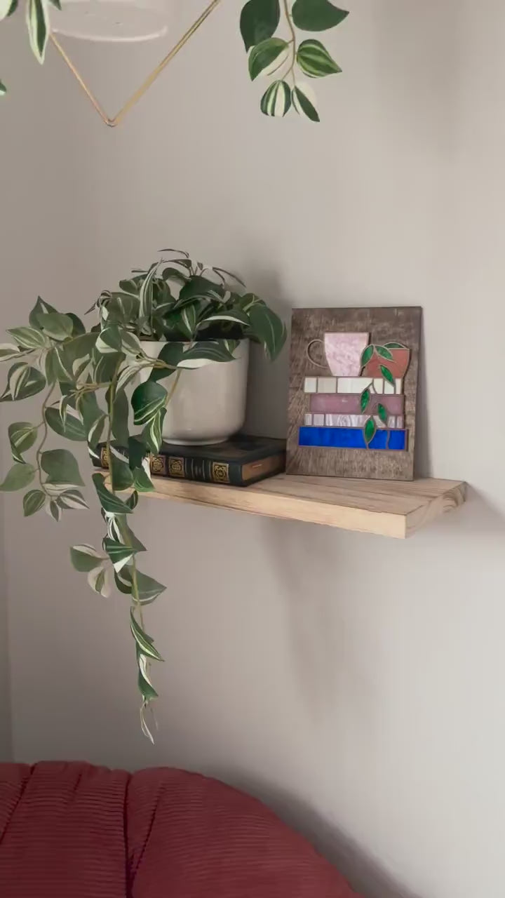 Book Stack Wall Art with Coffee & Plant, Faux Stained Glass Coffee Decor, Book Lover Gift, Reading Nook Wall Art, Cozy Coffee Lover Art