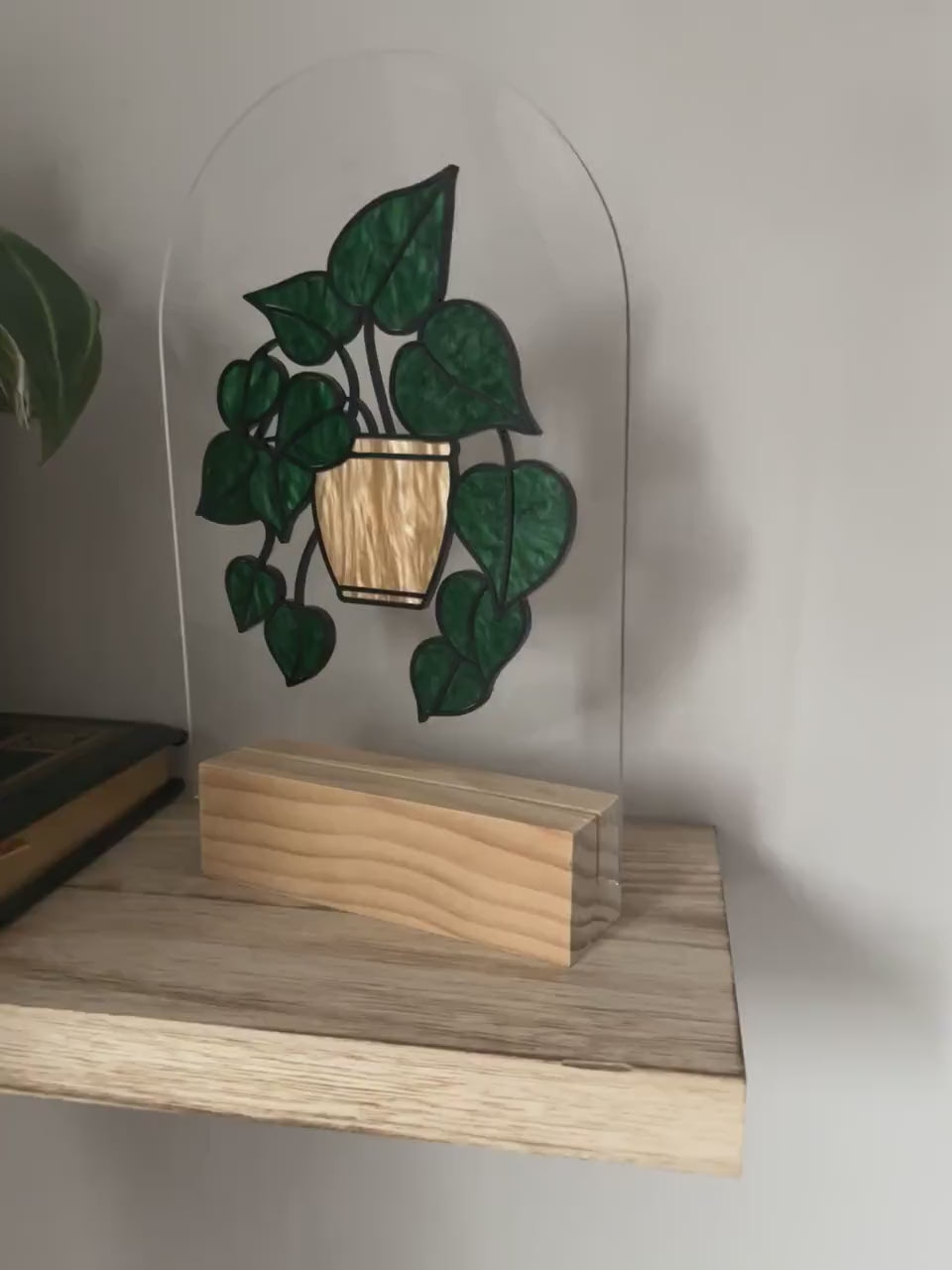 Pothos Plant Shelf Decor, Stained Glass Style Botanical Acrylic Sign, Plant Lover Gift, Greenery Shelf Decor, Cottagecore Home Decor