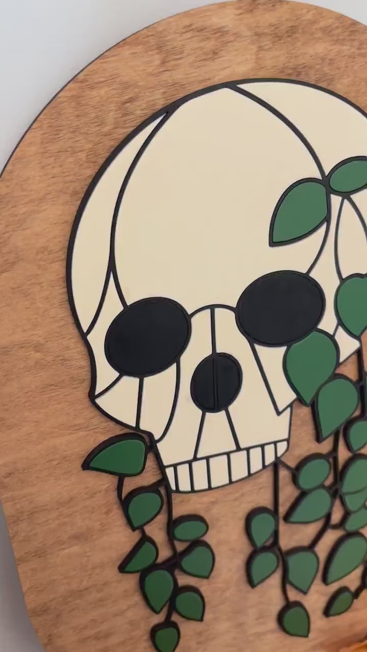 Halloween Skull Sign, Hanging Planter Skeleton Decor, Day of the Dead Home Decor, Fall Decor, Halloween Sign, Fall Wood Sign