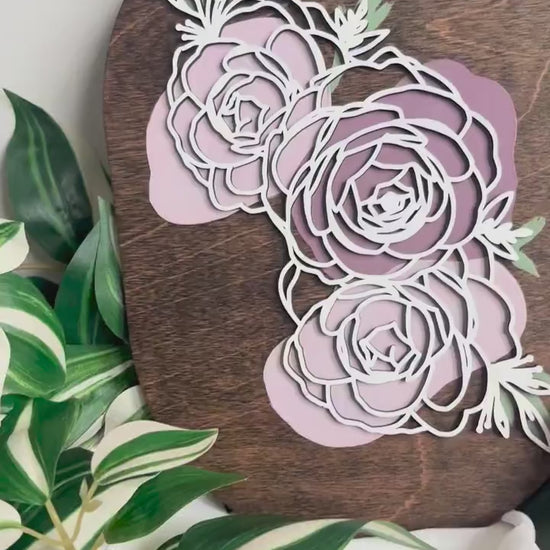 Minimalist Peony Floral Wood Art, Handmade 3D Layered Peonies Wall Decor, Laser Cut Boho Hand Painted Home Decor, Modern Contemporary Oval