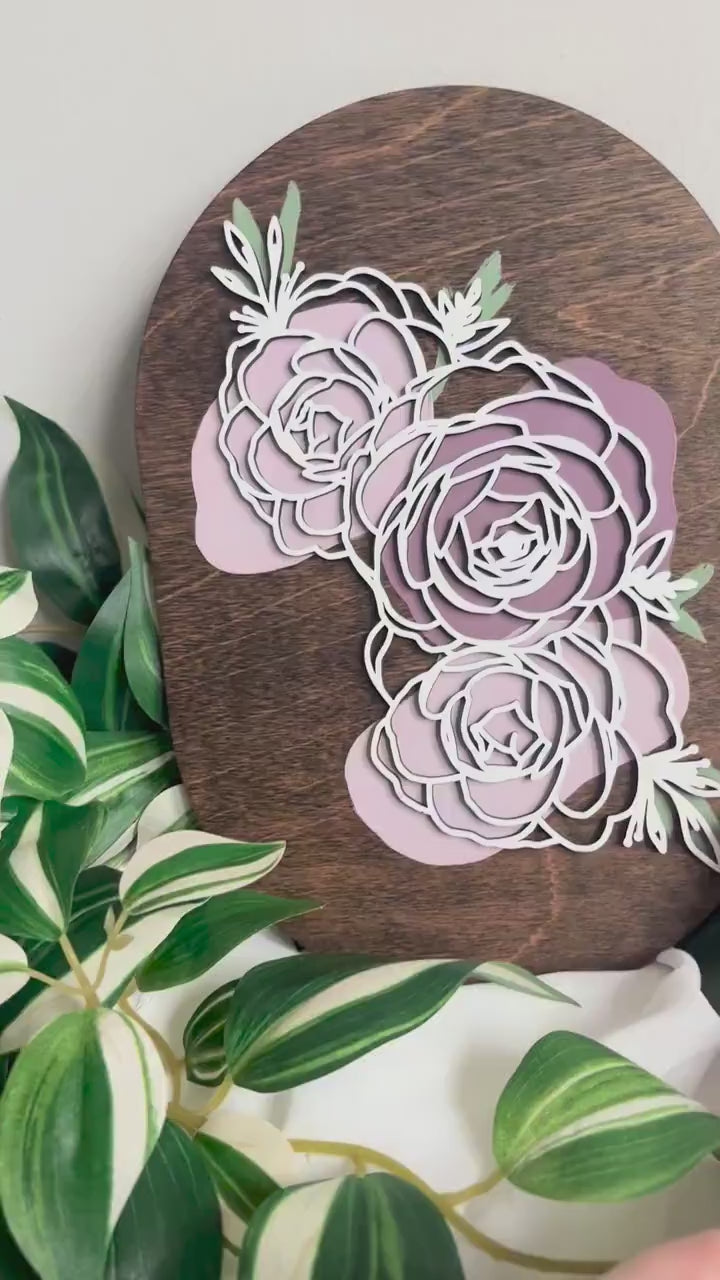 Minimalist Peony Floral Wood Art, Handmade 3D Layered Peonies Wall Decor, Laser Cut Boho Hand Painted Home Decor, Modern Contemporary Oval