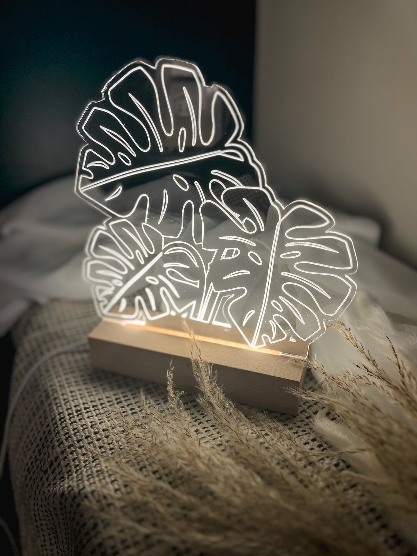 Boho Monstera Floral Acrylic Led Lamp, 3D Night Light Plant Lover, Modern Led Lights, Modern Boho, Minimalist, Laser Cut Decor