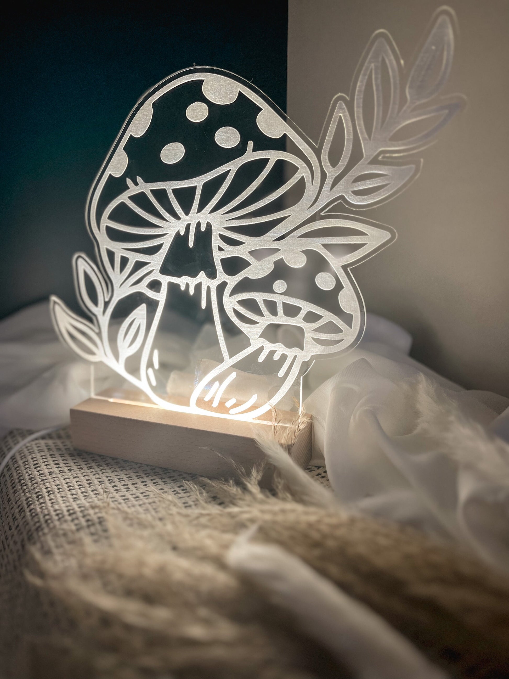 Boho Mushroom Floral Acrylic Led Lamp, 3D Night Light Plant Lover, Modern Led Lights, Modern Boho, Minimalist, Laser Cut Decor