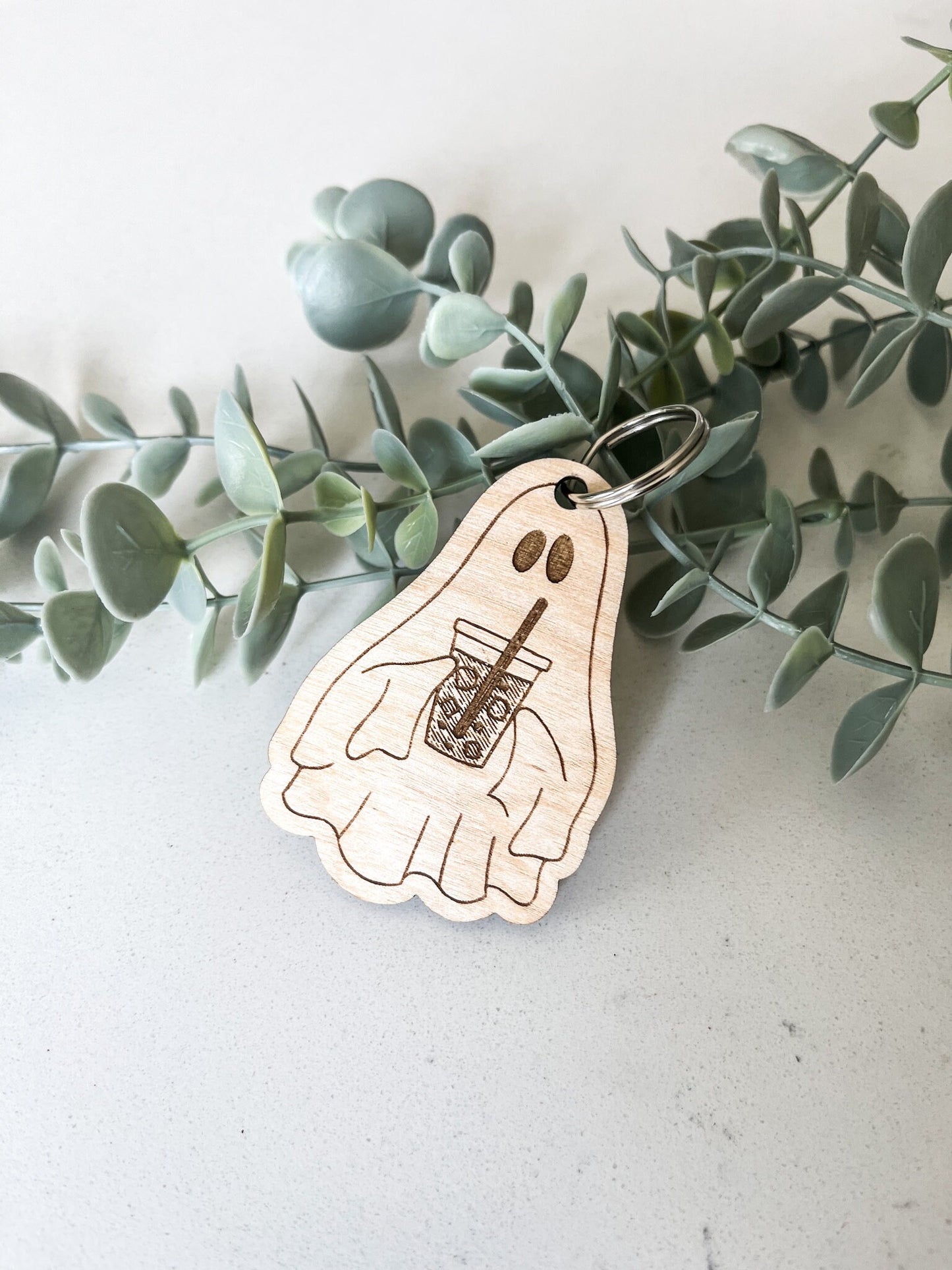 Ghost with Iced Coffee Keychain, Coffee Ghost, Engraved Acrylic Tag, Cute Halloween, Retro Halloween, Retro Keychain, Retro Ghost
