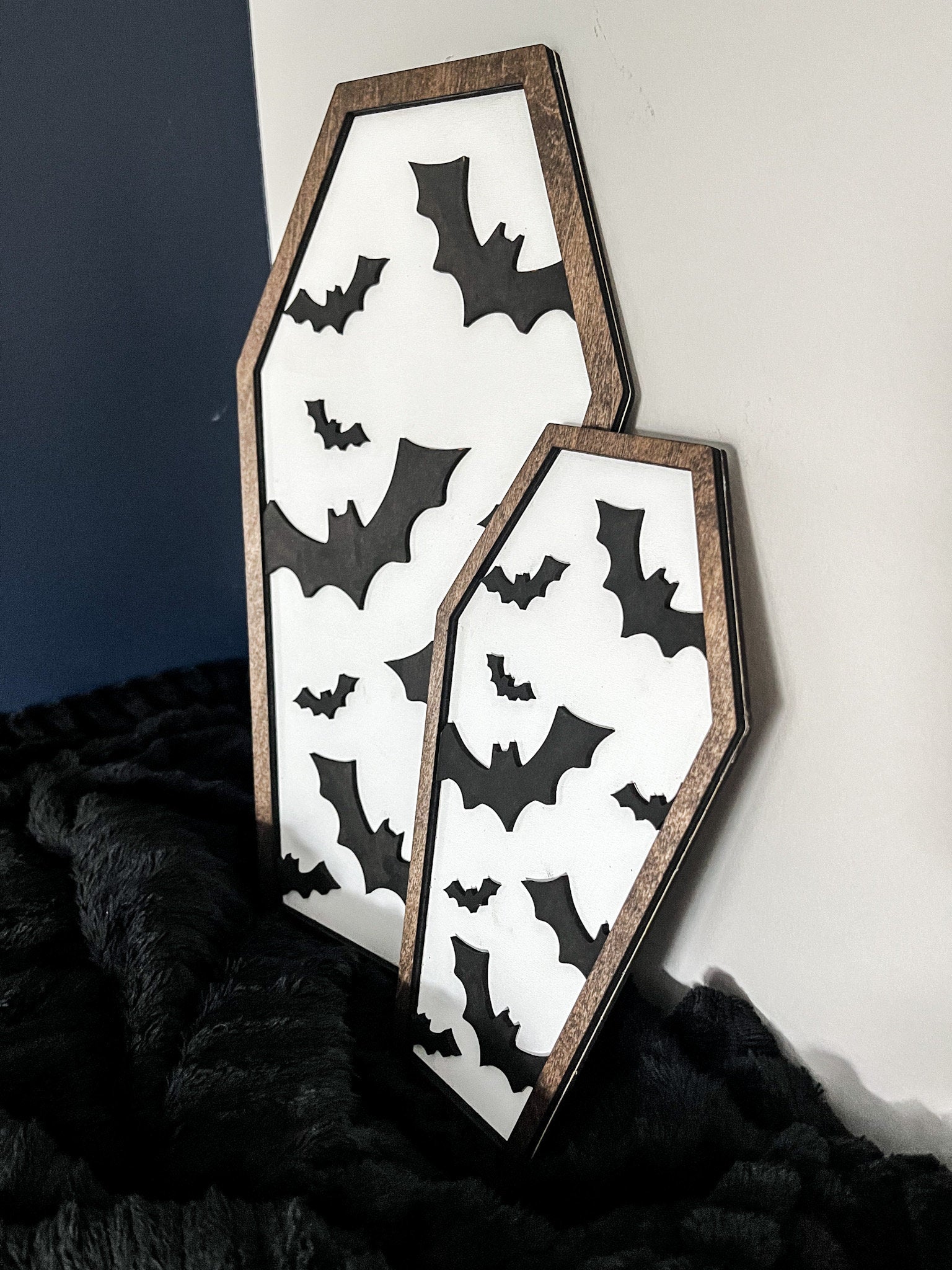 Halloween Bats Coffin Sign, Modern Halloween Decor, Day of the Dead Decor, Fall Decor, Halloween Sign, Fall Wood Sign